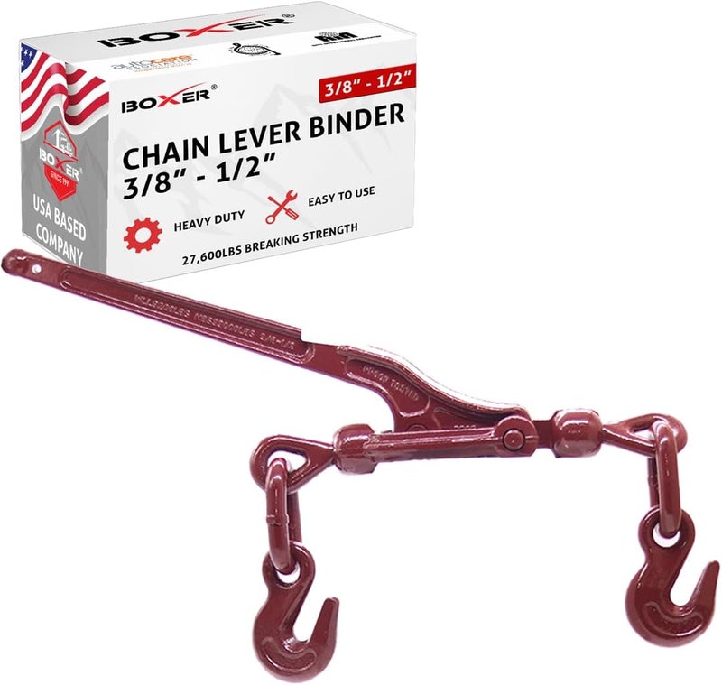 BoxerTool 3/8” – 1/2” Heavy Duty Chain Lever Load Binder with Forged Grab Hooks - Chain Binder Tie Down - 27,600 LBS Breaking Strength - Image 1